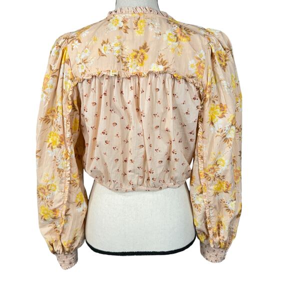 American Eagle Medium Crop Top Floral Button-Up Balloon Sleeves V-Neck Ruffle - Picture 7 of 11